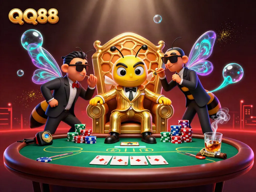 Engage in thrilling poker games at QQ88 with a dynamic 3D cartoon scene showcasing epic gameplay and characters.