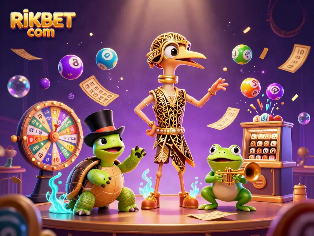 Experience excitement with RIKBET com as lottery balls bounce around vibrant casino characters.