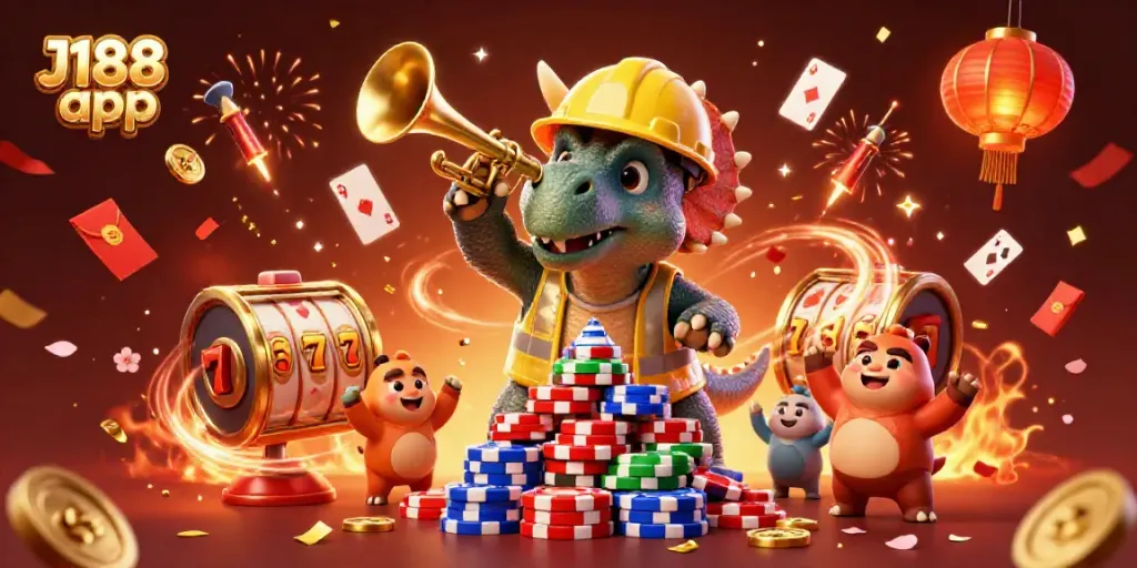 Engage with the J188 app in a vibrant 3D casino scene filled with slot machines and dynamic characters.