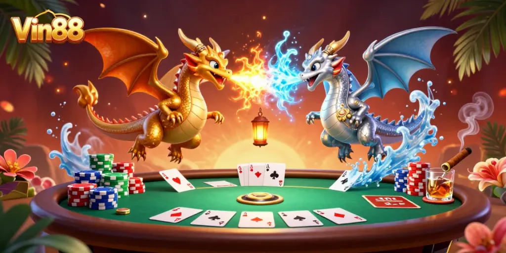 Experience thrilling gaming with Vin88's dynamic dragons in a vibrant casino atmosphere.