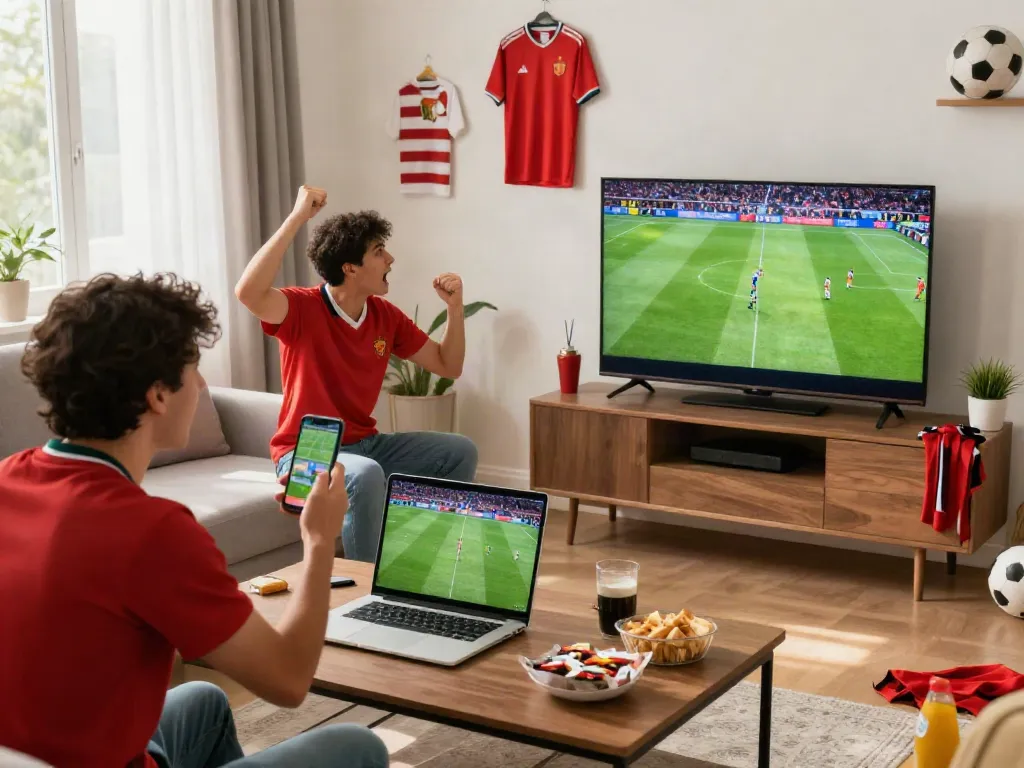 Fan enjoying a thrilling thapcamtv live football match on multiple devices.