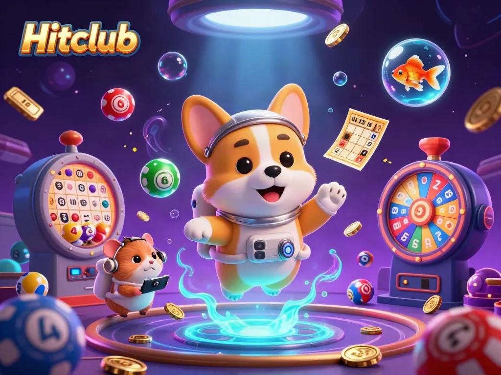 Experience Hitclub's thrilling space station casino adventure with floating poker chips and animated lottery elements.