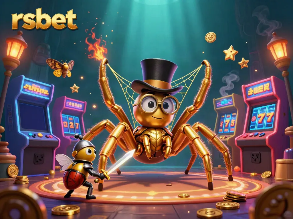 Engage with rsbet's thrilling casino adventure featuring a giant tarantula and a beetle knight amidst vibrant gaming elements.