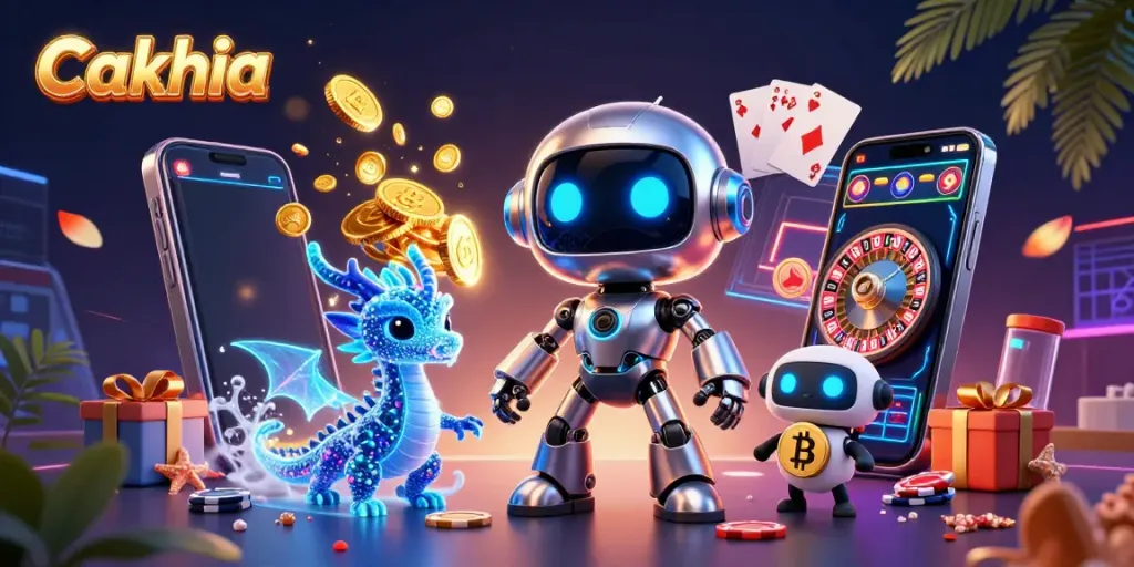 Experience thrilling gaming action with Cakhia’s vibrant 3D digital illustration filled with dynamic casino elements.