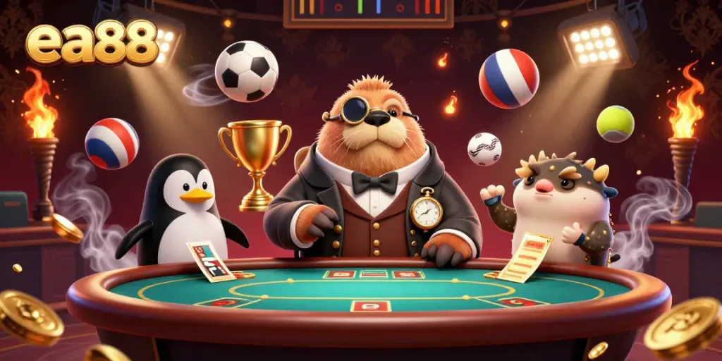 ea88 đặt cược tại bàn poker với walrus và cá nóc đầy màu sắc dưới nước