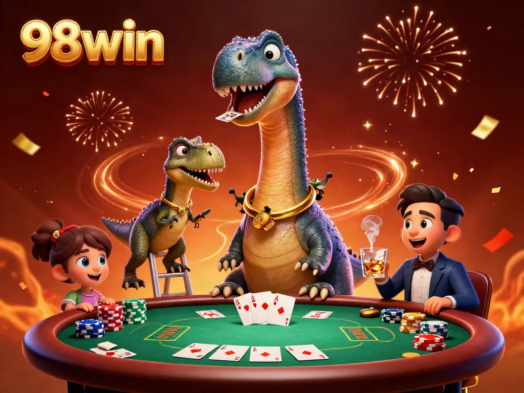 Experience thrilling gaming action with 98win, where vibrant casino elements merge with playful characters.
