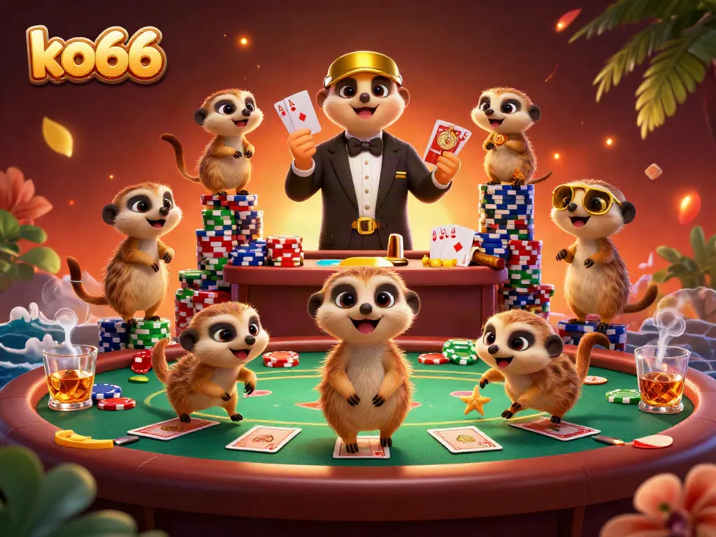 Experience thrilling gaming at ko66 online casino with interactive meerkat dealers and vibrant poker chips.