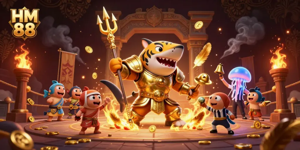Witness thrilling HM 88 action with a tiger shark gladiator in an underwater colosseum