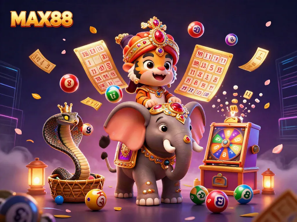 Experience the thrill of MAX88 with a vibrant 3D illustration featuring a jewel-adorned tiger and elephant amidst dynamic gaming elements.