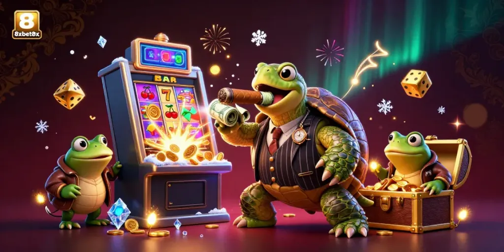 Experience the thrill of 8xbet8x with a 3D cartoon scene featuring a mobster snapping turtle and bullfrog enforcers amidst a jackpot explosion.