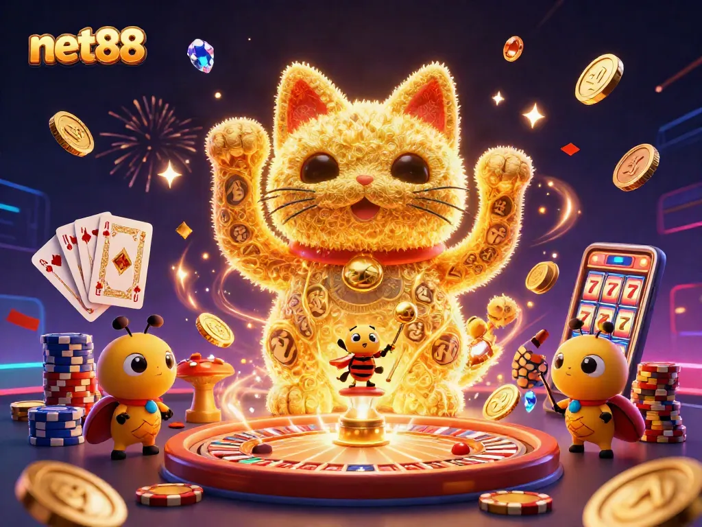Engage with net88's vibrant universe of gambling excitement through a dynamic 3D illustration featuring casino symbols and fun