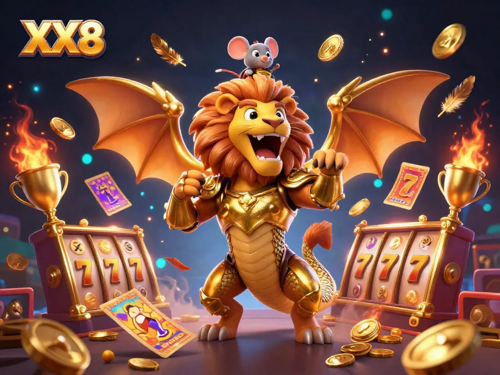Experience the excitement of XX8 with a vibrant chimera, slot reels, and golden elements in a casino-themed illustration.