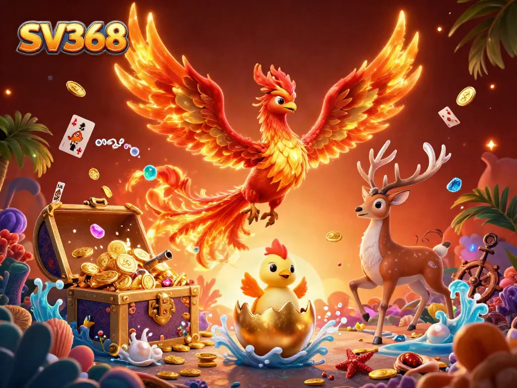 Engage with SV368's exciting world through vibrant casino-themed elements in a stunning 3D illustration.