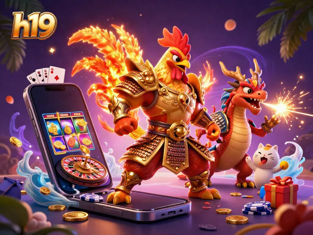 Engage in thrilling gaming with h19's mascot characters amid vibrant casino elements.