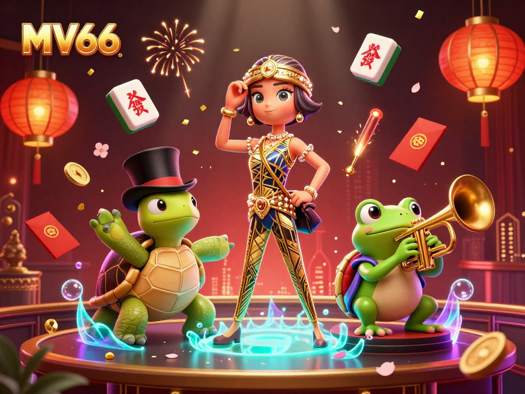 Experience the vibrant thrills of MV66 with a dynamic casino scene featuring animated characters and festive elements.