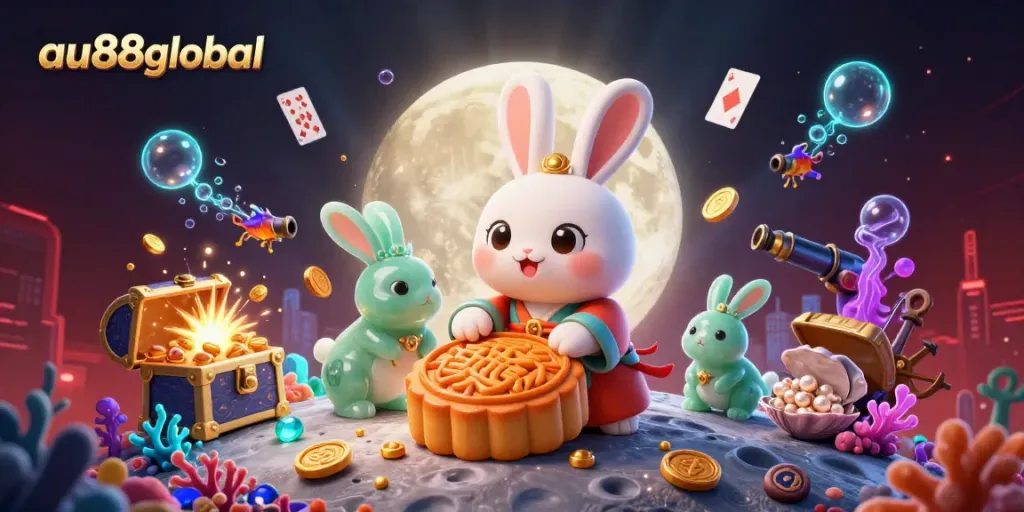 Experience exciting poker moments with the au88global moon rabbit in a vibrant casino scene.