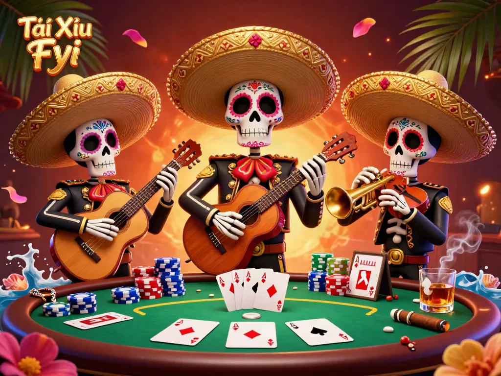 Tài Xỉu Fyi scene showcasing a vibrant mariachi band with poker elements, celebrating casino excitement.