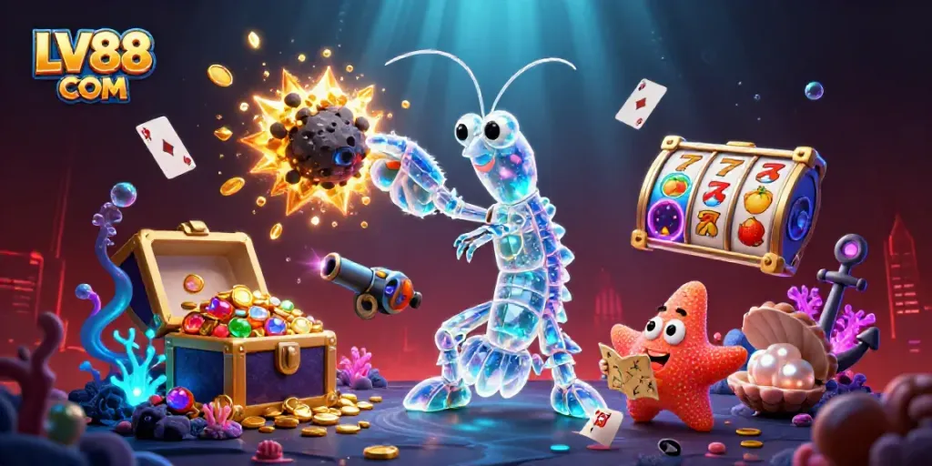 Experience thrilling wins at LV88 COM with colorful game elements in an underwater scene filled with gems.