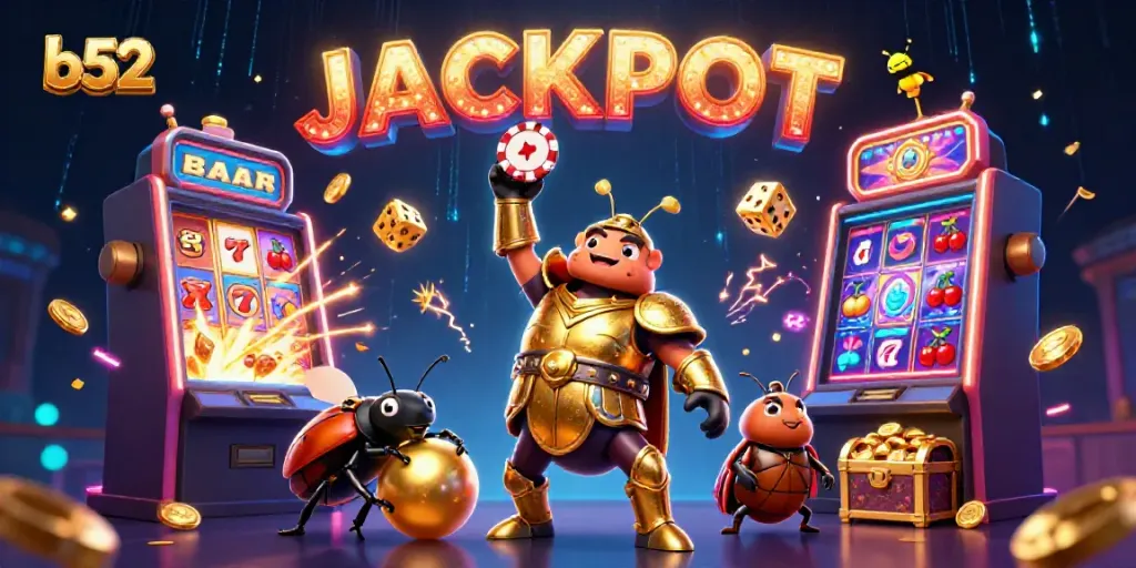 Engage with b52 as a hercules beetle champion celebrates winning with a jackpot of coins and colorful casino elements.