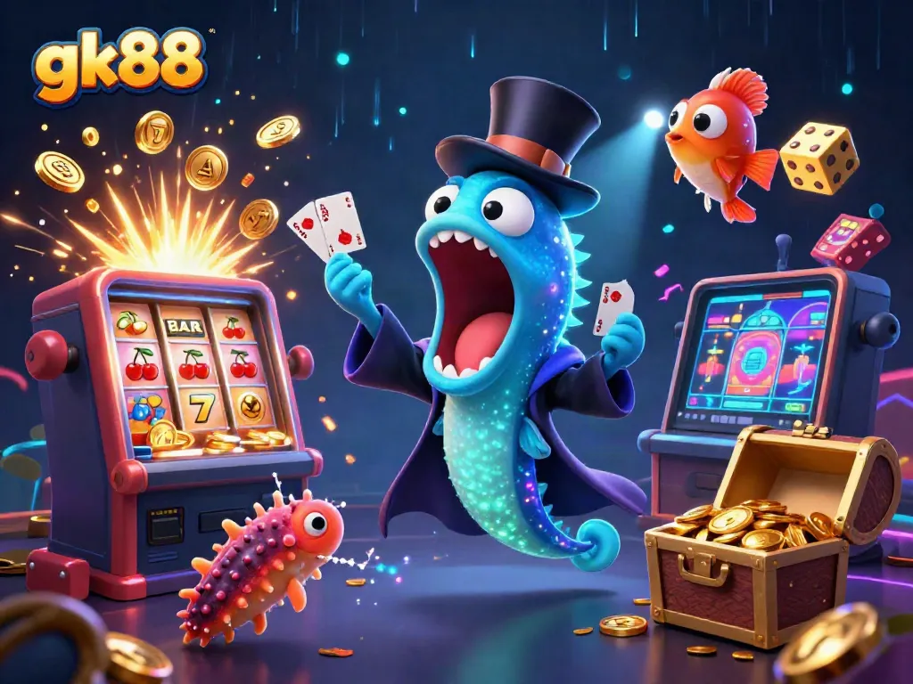 Watch gk88’s imaginative casino world come alive as creatures perform tricks while surrounded by vibrant gaming elements.