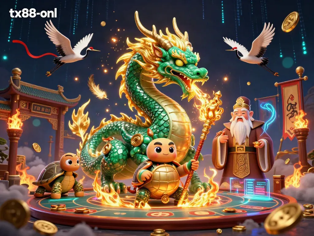 Experience the energetic action of tx88-onl with a jade dragon soaring above a dynamic casino scene, surrounded by lucky symbols and vibrant energy.