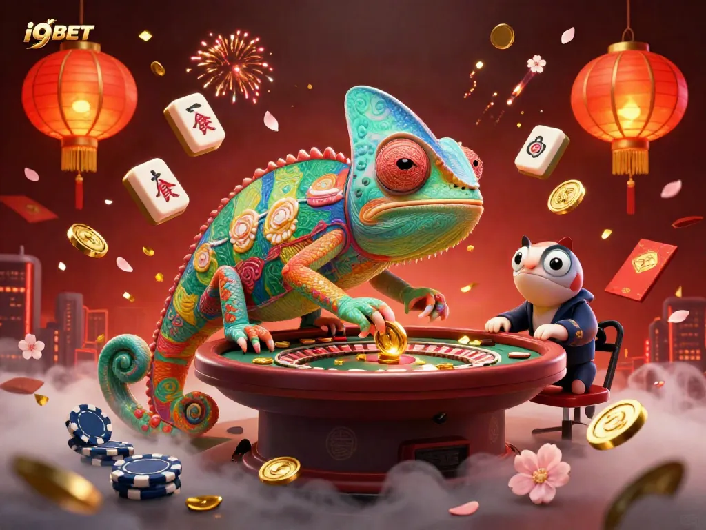 Experience the vibrant i9BET casino atmosphere with a chameleon owner snatching golden coins in this dynamic illustration.