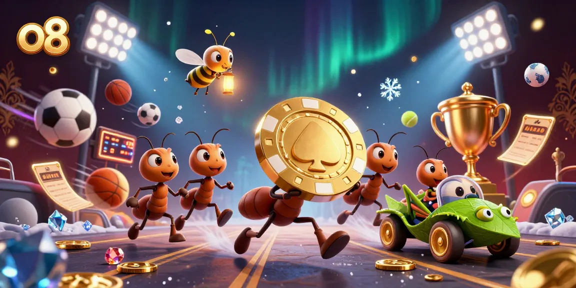 o8 casino illustration displaying ants in a heist with vibrant gambling elements