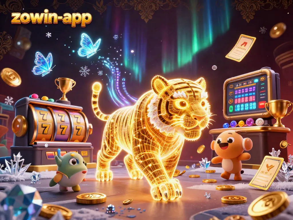 Spin the reels and win big with zowin-app, featuring a dynamic golden tiger in a bustling digital casino.