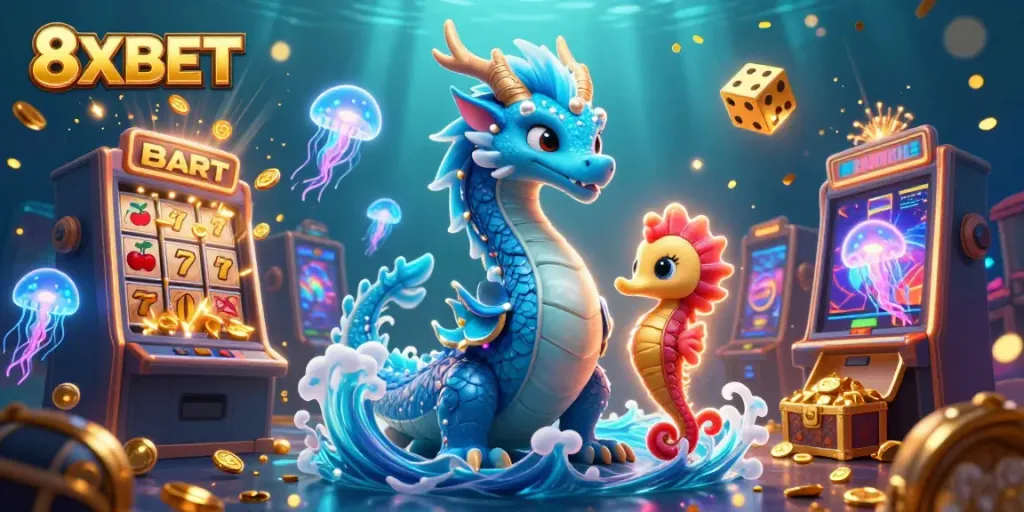Experience the thrill of 8XBET with an enchanting underwater scene featuring a vibrant dragon, seahorse knight, and exciting casino elements.