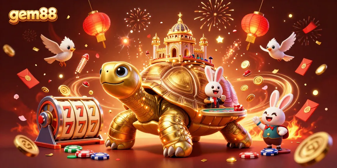 Experience thrilling wins with gem88 at a vibrant casino scene featuring a golden tortoise and rabbit dealer.