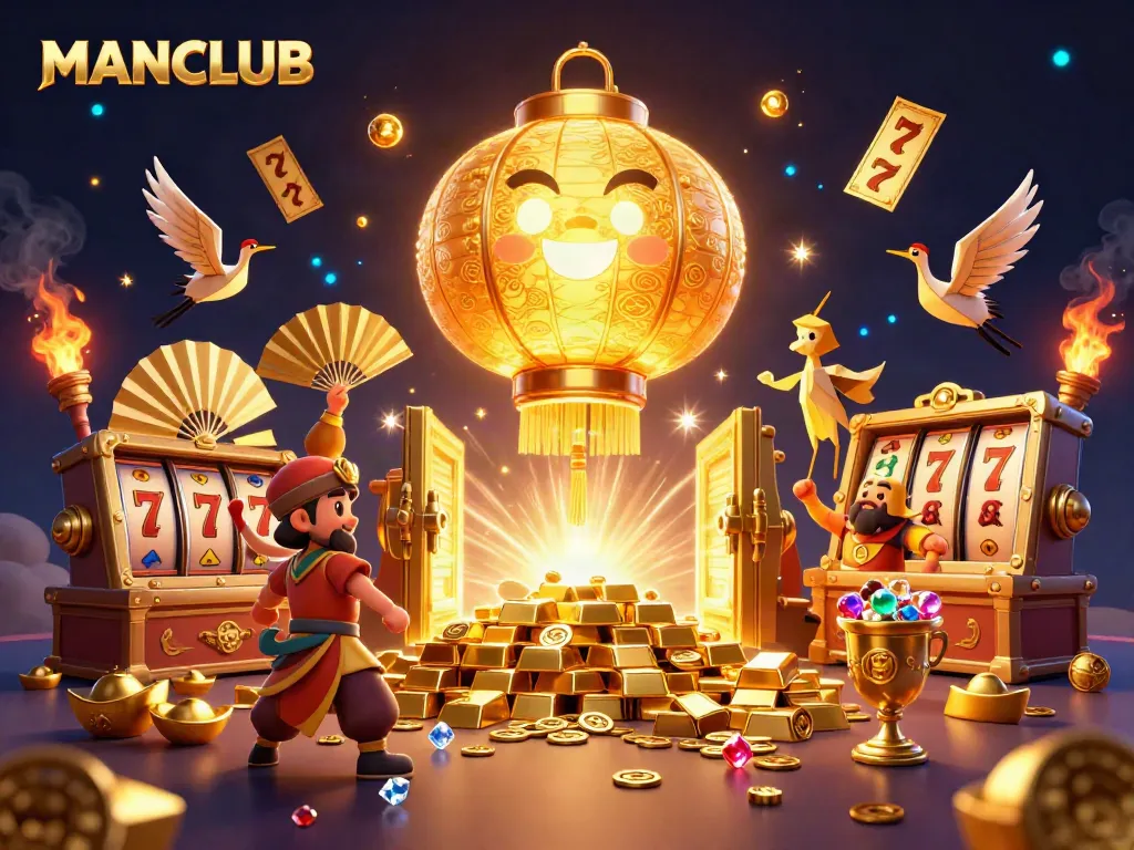 Engage with MANCLUB's bustling casino scene featuring golden lanterns, slot reels, and treasure.