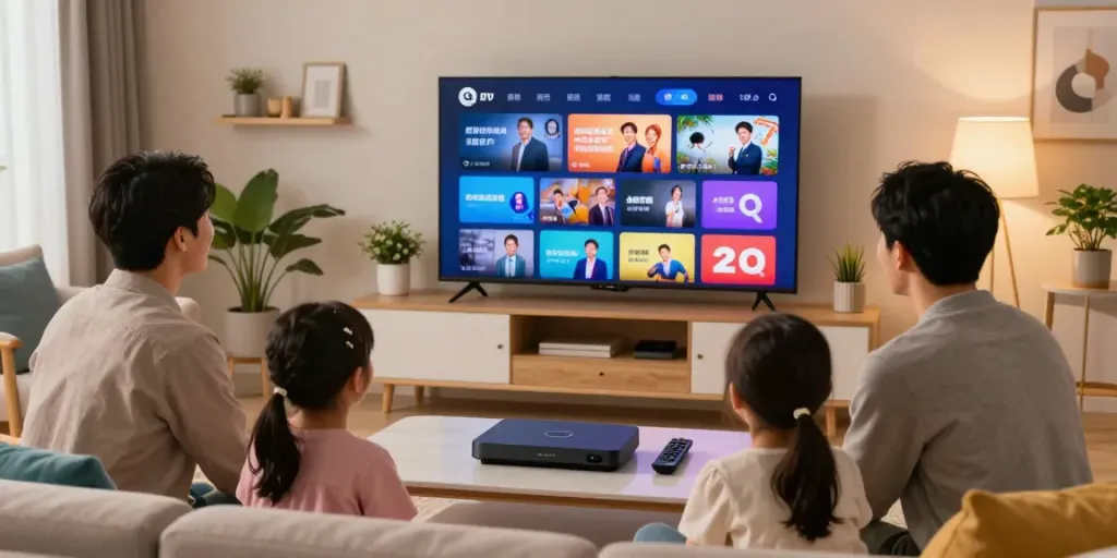 Family enjoying IPTV subscribe services in a cozy modern living room.