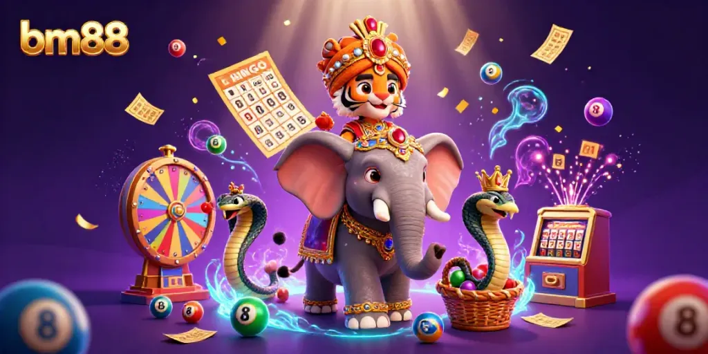 Experience thrilling wins with bm88, featuring a vibrant 3D scene of gaming elements and characters.