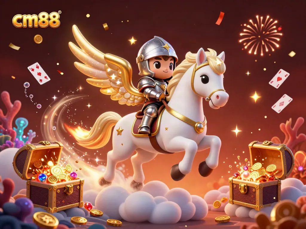 Experience thrilling moments at cm88 with a celestial knight riding a magical horse among vibrant casino treasures.