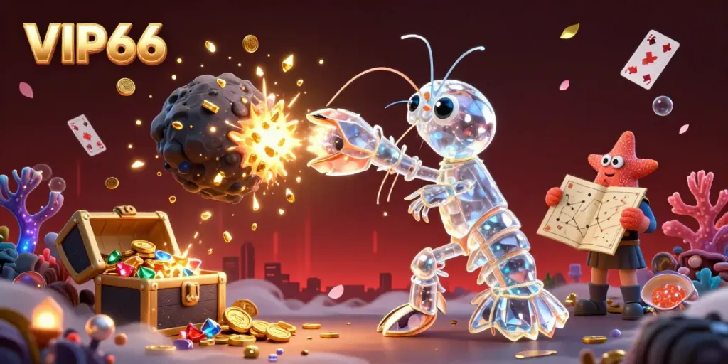 Experience thrilling wins at VIP66 Casino with a galactic samurai mantis shrimp bursting through gems and treasure.