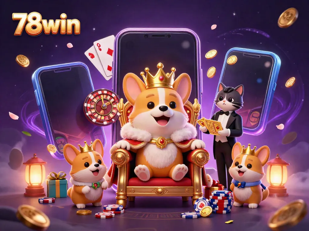Engage with dynamic 78win gaming scene featuring a royal corgi surrounded by casino elements.