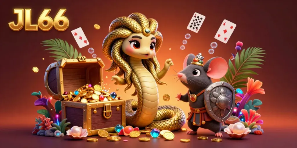 Experience thrilling gaming action with JL66 in a vibrant Medusa-themed illustration filled with treasures.