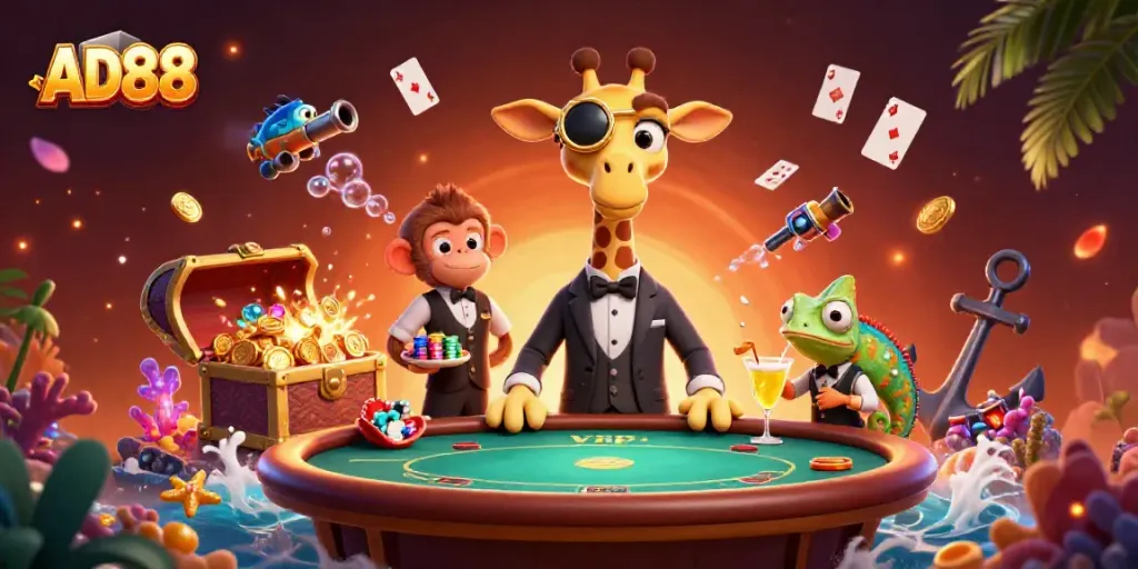Experience the thrill of gaming with AD88's vibrant casino atmosphere featuring captivating characters.