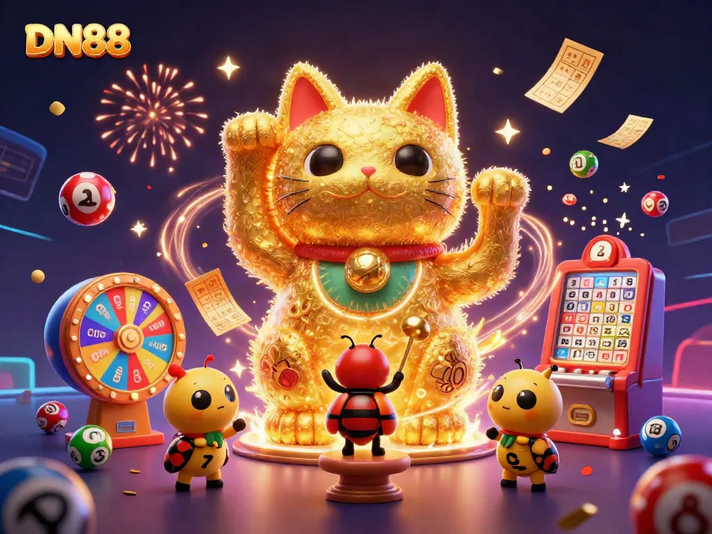 Experience the magic of DN88 with a lucky cat made of fireflies, celebrating casino wins!