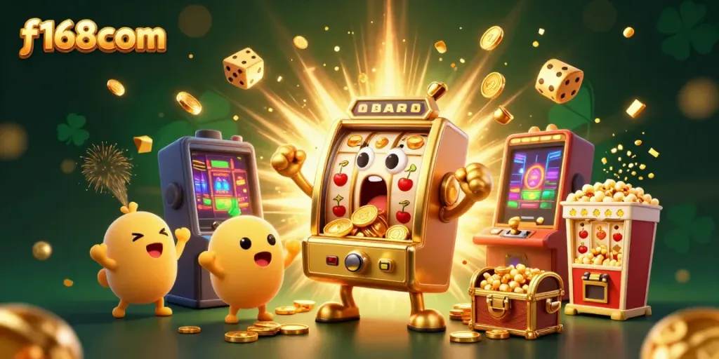 Experience thrilling wins at f168com with a vibrant scene of golden slot machines celebrating jackpots amidst a dynamic casino atmosphere.