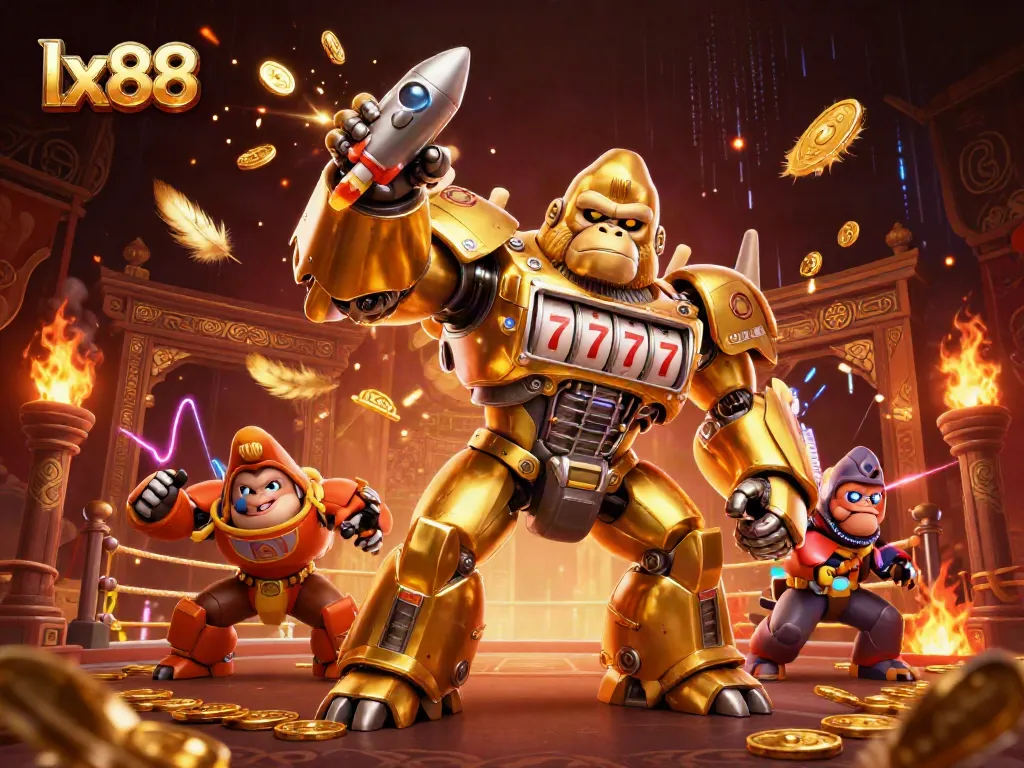 LX88 offers thrilling casino action featuring a golden gorilla mech amidst vibrant game elements.