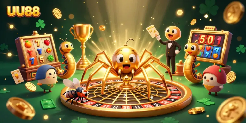 UU88 engages players with a dynamic slots scene featuring golden elements and 3D characters.