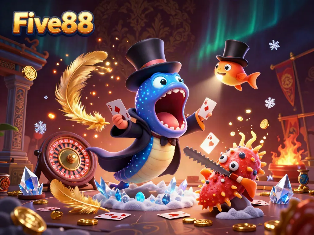 Five88 offers a vibrant casino experience with unique characters showcasing card tricks in a magical sea setting.