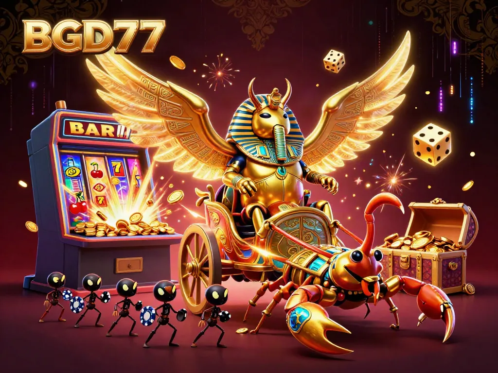 Experience BGD77 with a vibrant 3D casino adventure featuring a golden scarab and jackpot celebration.