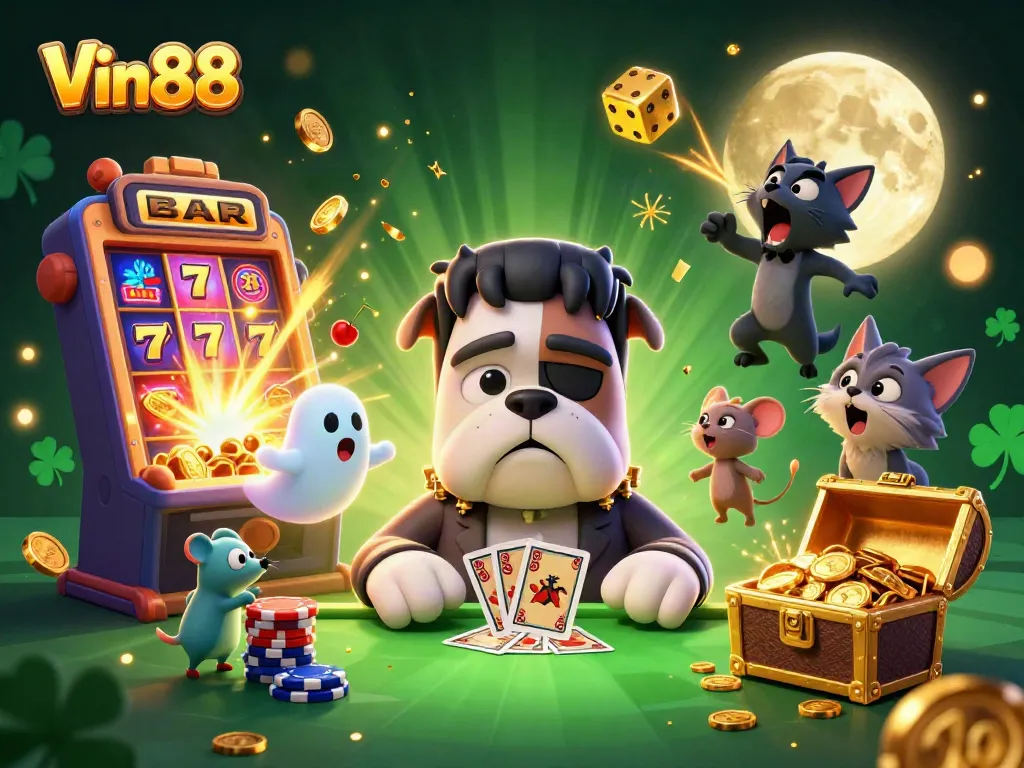 Experience thrilling gameplay at Vin88 with a cartoon bulldog dealing cards amidst a jackpot explosion.