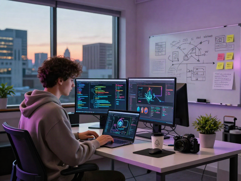 Engineer developing ai 18+ software in a vibrant office, showcasing advanced techniques and creative workspace.