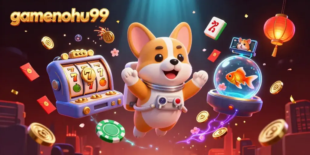 Engage with gamenohu99's vibrant casino adventure featuring floating slot reels and a corgi astronaut.