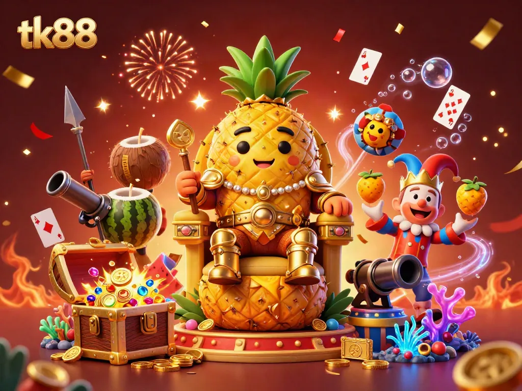 Engaging scene with the tk88 king and characters surrounded by casino elements and treasures, showcasing excitement.