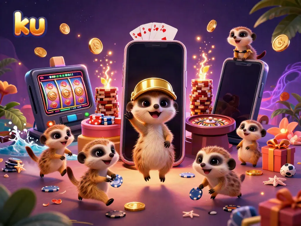 Experience thrilling casino action with a cartoon meerkat colony managing games and sneaking chips in a vibrant scene.