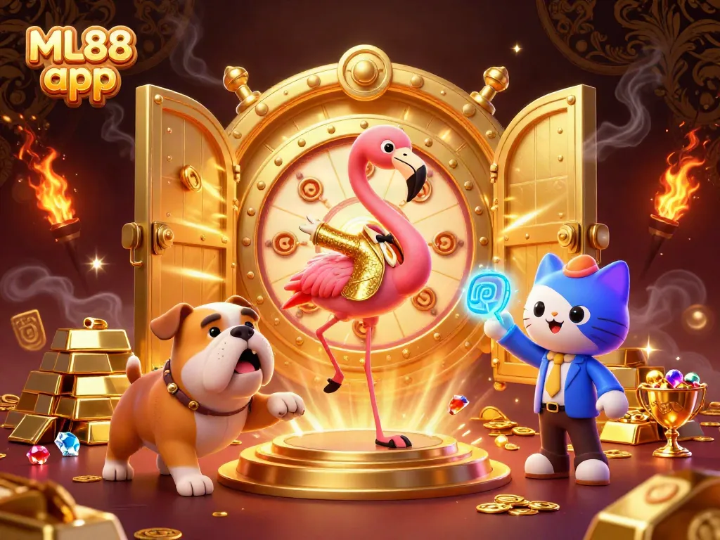 Experience the excitement of the ML88 app with lively characters spinning a golden prize wheel.